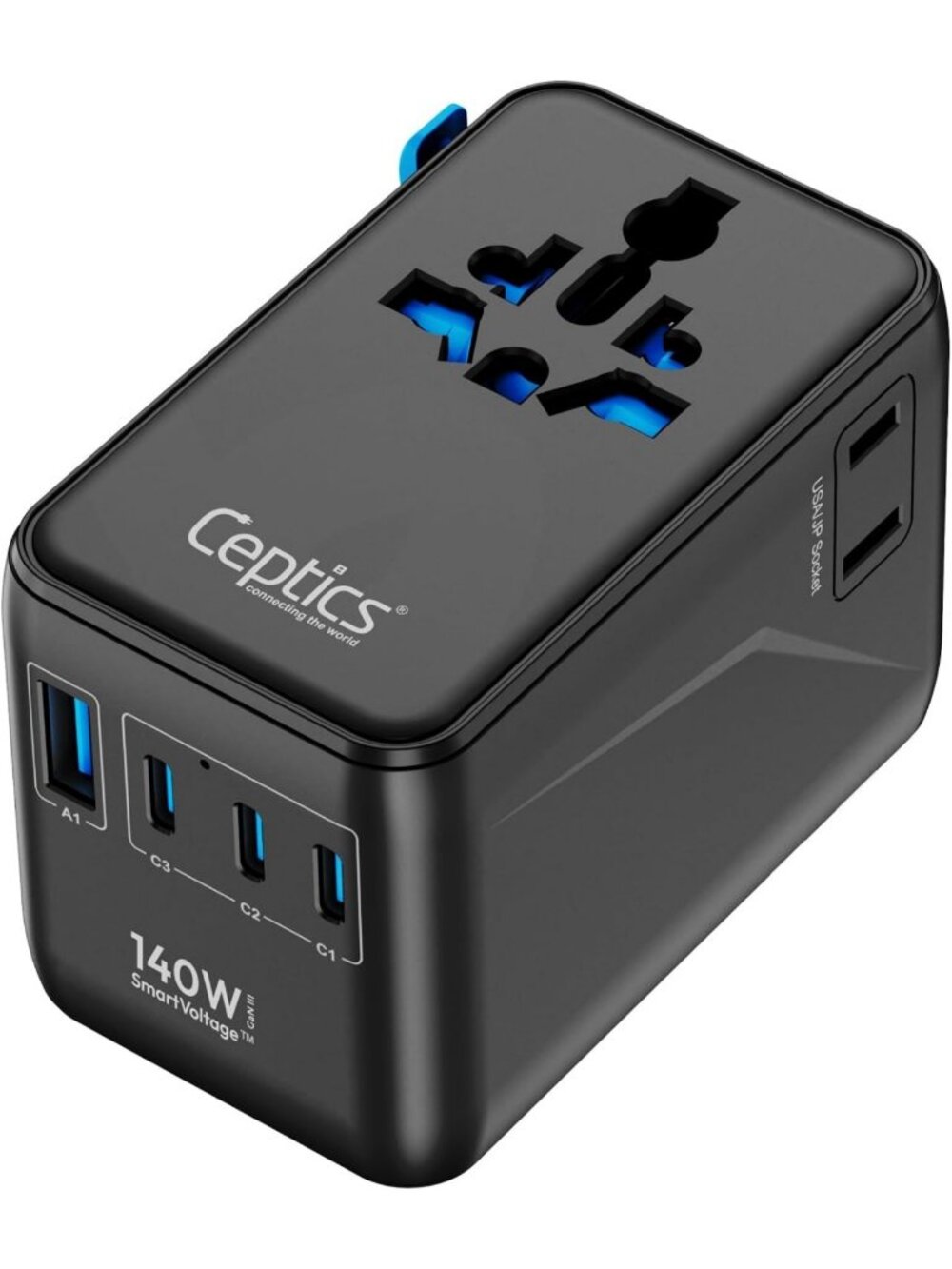 Universal Travel Adapter with 4 USB Ports, 140W Power, Dual Input Sockets
